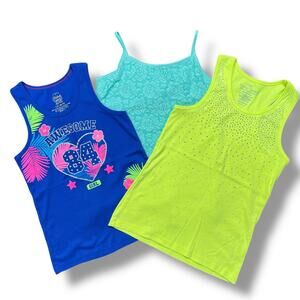 Set of 3 Girls Tank Tops Sleeveless Neon Yellow Blue Tropical Teal Lace Large